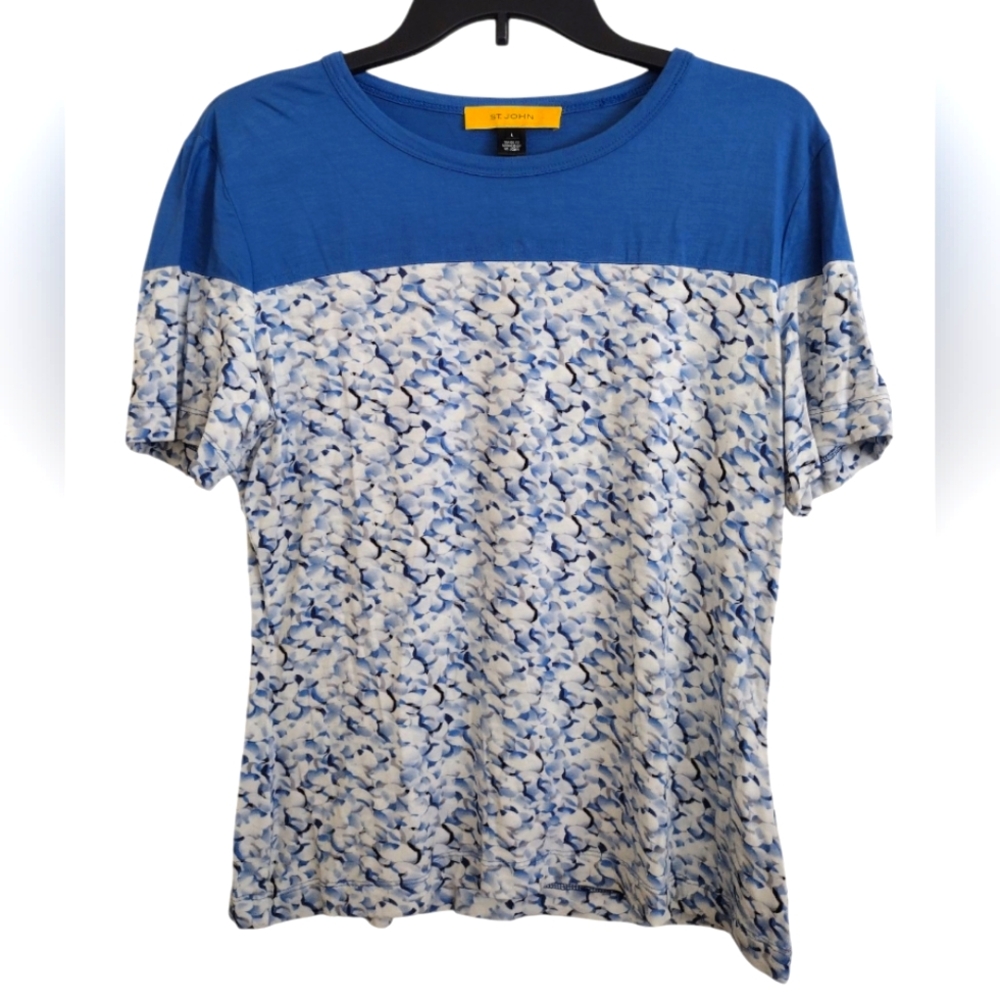 St. John Blue White Colorblock Patterned T-Shirt Size Large
